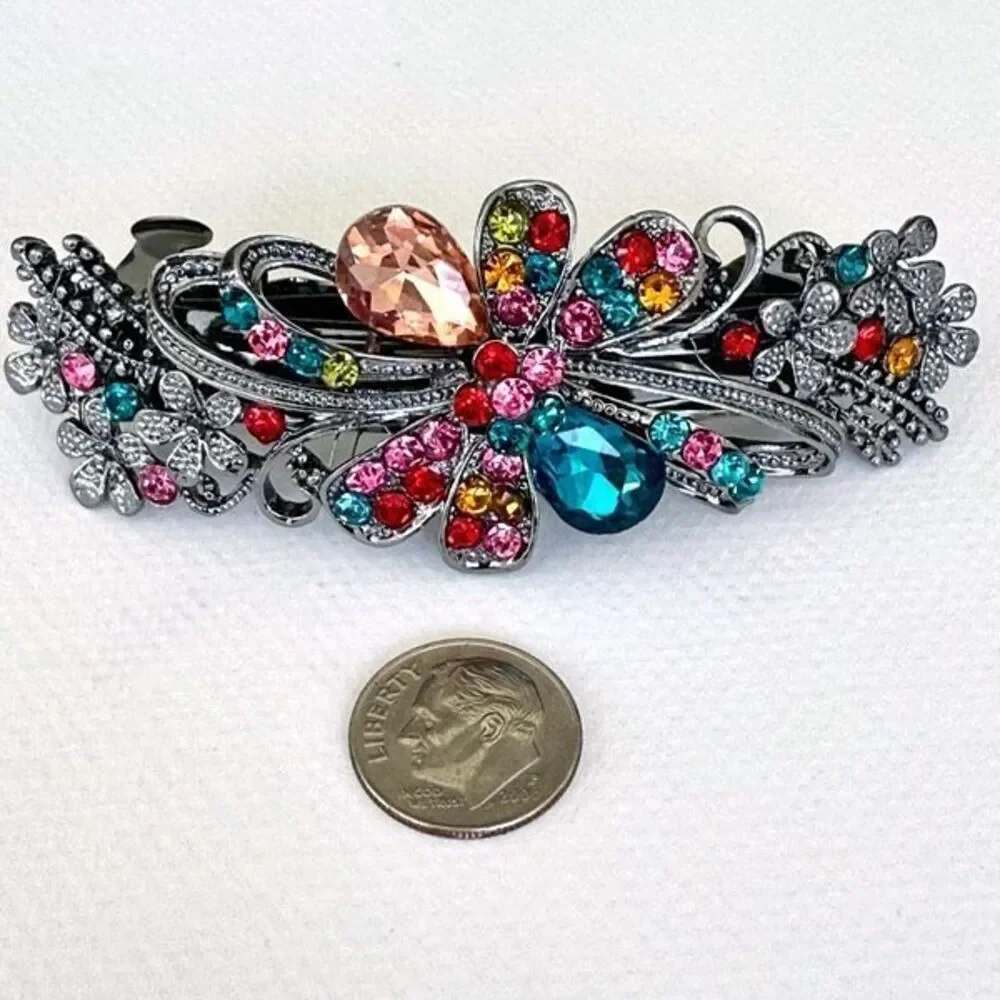 Bejeweled French Barrette – Colorful Crystal Flower